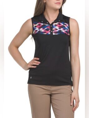 Daily Sports Black Sleeveless Polo Top W/Multicolor Geometric Design Size S NWT